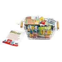 Speelgoedwinkel - KLEIN - Metalen boodschappenmand gevuld met dozen - Gevuld met namaakvoedseldozen. - thumbnail