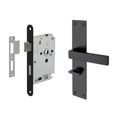 Mooi Deurbeslag Deurbeslag set Nova op schild met toilet-/badkamer sluiting Mooi Deurbeslag Deurbeslag set Nova op schild met toilet-/badkamer sluiting