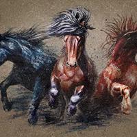 Fotobehang - Drie galopperende Paarden, 11 maten, Prachtige tekening, inclusief behanglijm - thumbnail