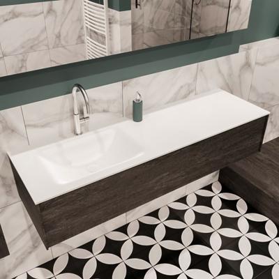 Mondiaz Lush Cloud badmeubel eiken Dark brown 150 cm 1 lade solid surface enkele spoelbak links 1 kraangat