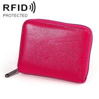 KB195 Zipper Cowhide Leather Double Row Organ Shape Multiple Card Slots Anti-magnetic RFID Wallet Clutch Bag for Ladies(Rose Red) - thumbnail
