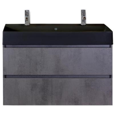Maxx XL Badmeubelset 100 cm - Beton Antraciet - Wastafel Kube Zwart 2 Kraangaten