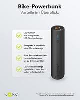 Goobay Goobay 60656 Powerbank für Fahrrad 5000 mAh Bike Fahrradhalterung USB Buchse PD Powerbank 5000 mAh Li-ion Zwart Statusweergave, LED-zaklamp - thumbnail