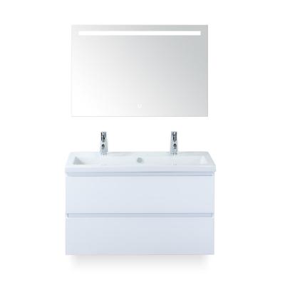 Vogue Badmeubelset 100 cm - Greeplijst in kleur - Wit Hoogglans - Keramische Wastafel Wit 2 kraangaten - met Sence Spiegel