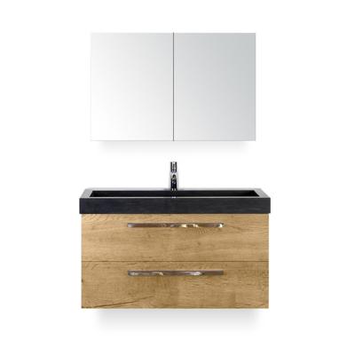 Seville Badmeubelset 100 cm - Natuur Eiken - Wastafel Hardsteen Wit Lucca - met Spiegelkast