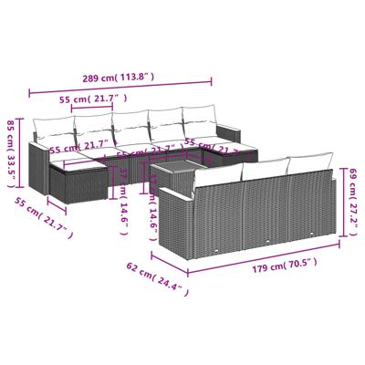 10-delige Loungeset met kussens poly rattan zwart