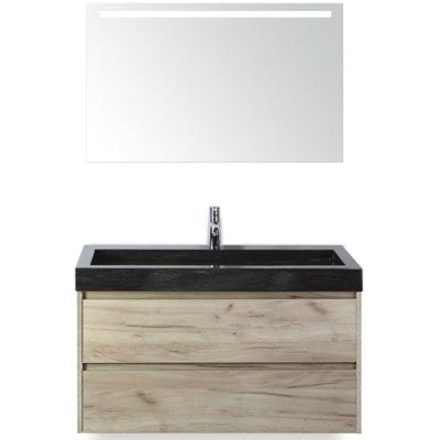 Dante Badmeubelset 100 cm - Craft Oak - Wastafel Hardsteen Wit Lucca met Sence Spiegel