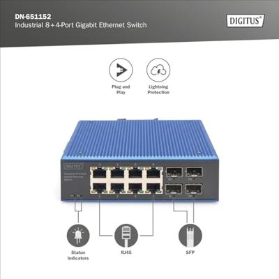 DIGITUS Netwerk Switch - 12-poorts Gigabit Ethernet - 8x RJ45 + 4x SFP - IP40 - 10/100/1000 Mbit/s - DIN rail montage - industriële serie - zwart/blauw