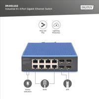 DIGITUS Netwerk Switch - 12-poorts Gigabit Ethernet - 8x RJ45 + 4x SFP - IP40 - 10/100/1000 Mbit/s - DIN rail montage - industriële serie - zwart/blauw - thumbnail
