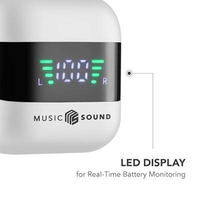 Music Sound, Spark TWS Hoofdtelefoon, bluetooth, draadloos, led-display, 30 uur afspelen, automatische koppeling, touch-bediening op de oordopjes, wit