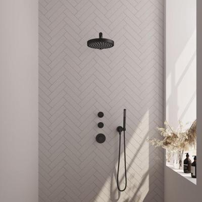 Brauer Stripe thermostatische inbouw regendouche SET 01 met 25 cm douchekop en rechte muurarm en staaf handdouche en doucheslang en wandaansluitbocht mat zwart
