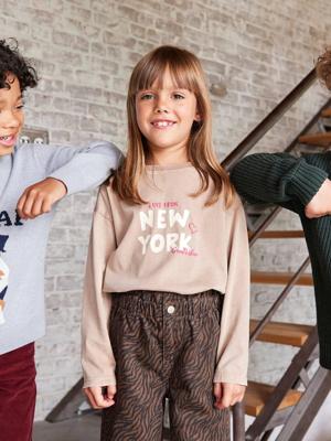 T-shirt New York met fluorescerende accenten, lange mouwen, meisjes zandbeige