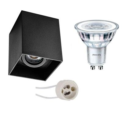 Opbouwspot Set - Pragmi Luxina Pro - GU10 Fitting - Opbouw Vierkant - Mat Zwart - Verdiept - Kantelbaar - 90mm - Philips - CorePro 827 36D - 4W - Zeer Warm Wit 2700K - Dimbaar