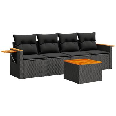 5-delige Loungeset met kussens poly rattan zwart - thumbnail