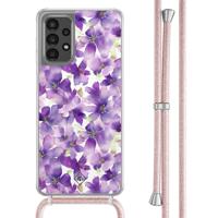 Samsung Galaxy A13 4G hoesje met rosegoud koord - Floral violet - thumbnail