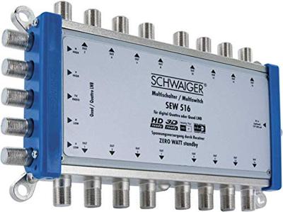 Schwaiger SEW516 531 Satelliet multiswitch Ingangen (satelliet): 5 (4 satelliet / 1 terrestrisch) Aantal gebruikers: 16 Standby-functie, geschikt voor Quad LNB Schwaiger SEW516 531 Satelliet multiswitch Ingangen (satelliet): 5 (4 satelliet / 1 terrestrisch) Aantal gebruikers: 16 Standby-functie, geschikt voor Quad LNB
