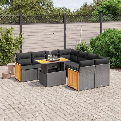9-delige Loungeset met kussens poly rattan zwart