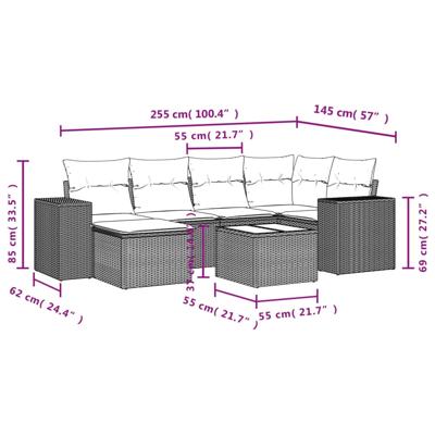 6-delige Loungeset met kussens poly rattan beige