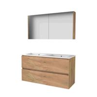 Basic-Line Comfort 46 Badkamermeubelset - 120 x 46 cm - Greeploos - 2 Lades - Keramische Wastafel - 2 Kraangaten - Spiegelkast - Whisky Oak - thumbnail