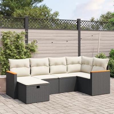 6-delige Loungeset met kussens poly rattan zwart