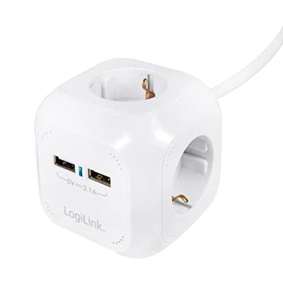 LogiLink LPS227 4+2 (4x veiligheidscontact CEE 7/3, 2x USB) Power Cube multifunctionele stekkerdoos met kinderbeveiliging wit