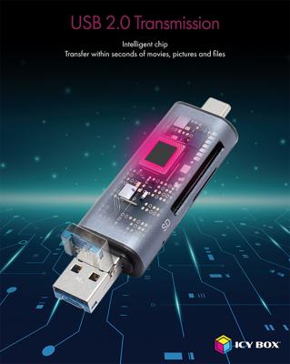 ICY BOX IB-CR200-C, SD/microSD USB 2.0 Card Reader mit Type-C® & -A und Micro-B Anschlüs USB-stick USB-C 2.0 Antraciet (mat)