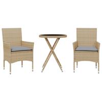 3-delige Bistroset met kussens poly rattan en glas beige - thumbnail