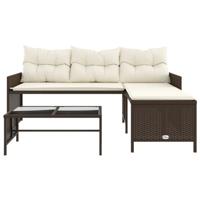 Tuinbank met tafel en kussens L-vormig poly rattan bruin - thumbnail