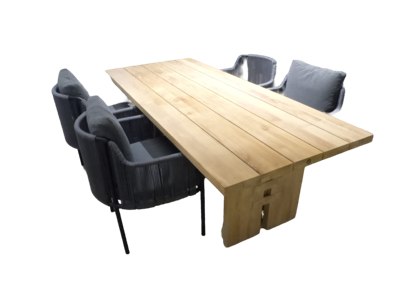 Tuinset Zen tafel teak 240x100 cm met 4 stoelen Umi stoel kussen black, rope dark grey - grey, rope green Yoi - Yoi