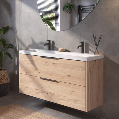 Saqu Lima ondiep badmeubel incl. glans witte wastafel met 2 kraangaten 120x40x64cm naturel eiken - mat zwarte greep
