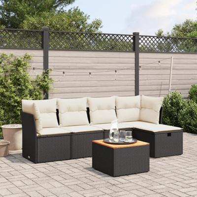 6-delige Loungeset met kussens poly rattan zwart