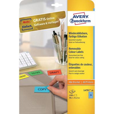 Avery gekleurde etiketten ft 38,1 x 21,2 mm (b x h), afneembaar, blauw, 1300 stuks, 65 per blad Avery gekleurde etiketten ft 38,1 x 21,2 mm (b x h), afneembaar, blauw, 1300 stuks, 65 per blad