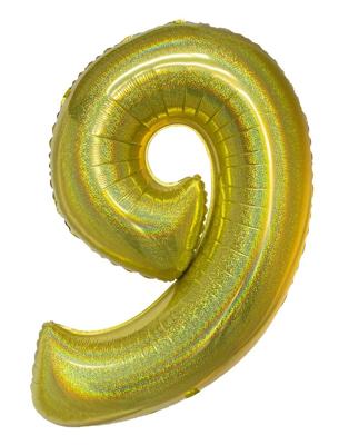 Folieballon Holografisch Goud Cijfer &apos;9&apos; - 102cm