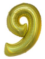 Folieballon Holografisch Goud Cijfer &apos;9&apos; - 102cm - thumbnail