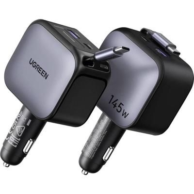 UGREEN EC604 145W Car Charger 2C1A Autolader 145 W USB-C bus, USB-C stekker, USB-A-bus Grijs Auto, Vrachtwagen Opwikkelbare USB-C-kabel