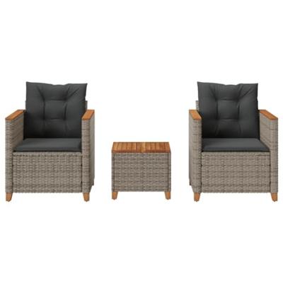 3-delige Bistroset met kussens poly rattan en acaciahout grijs