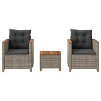 3-delige Bistroset met kussens poly rattan en acaciahout grijs - thumbnail