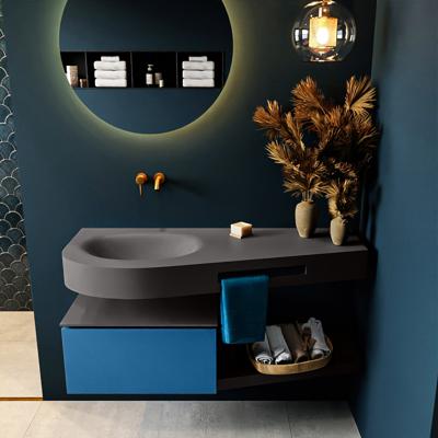 MONDIAZ RIVA 120cm badmeubel onderkast / planchet kleur Jeans met 1 lade. Wastafel DULCET links 0 kraangaten kleur Dark_Grey.