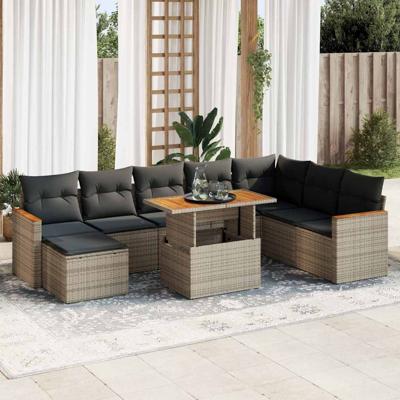 9-delige Loungeset met kussens poly rattan grijs