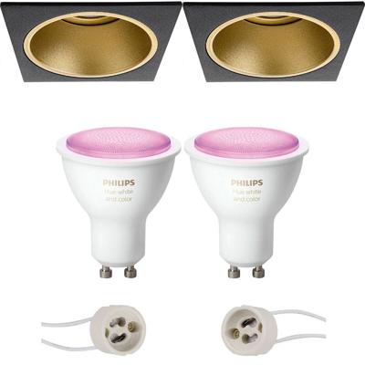 Pragmi Minko Pro - Inbouw Vierkant - Mat Zwart/Goud - Verdiept - 90mm - Philips Hue - LED Spot Set GU10 - White and Color Ambiance - Bluetooth