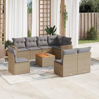 9-delige Loungeset met kussens poly rattan gemengd beige