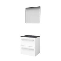 Basic-Line Framed 46 Badkamermeubelset - 60 x 46 cm - Met Grepen - 2 Lades - Hardstenen Wastafel - Zonder Kraangat - Spiegel met Zwart Aluminium Frame - Ice White - thumbnail