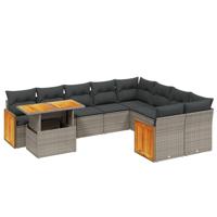 10-delige Loungeset met kussens poly rattan grijs - thumbnail