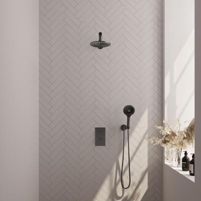 BRAUER Gunmetal Edition thermostatische inbouw regendouche 3-weg omstelling SET 31 met 20 cm douchekop en rechte muurarm en 3-standen handdouche en doucheslang en wandaansluitbocht gunmetal geborsteld PVD