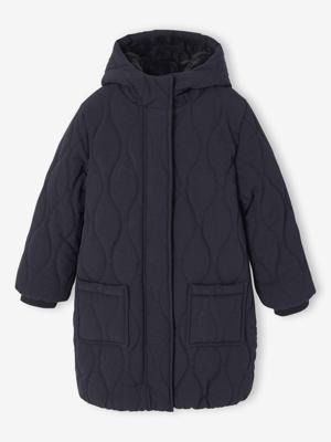 Lange donsjack met capuchon voor meisjes, gevoerd met imitatiebont zwart
