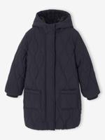 Lange donsjack met capuchon voor meisjes, gevoerd met imitatiebont zwart - thumbnail