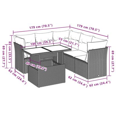 6-delige Loungeset met kussens poly rattan bruin