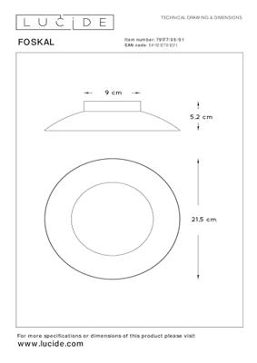Lucide FOSKAL - Plafonnière - Ø 21,5 cm - LED - 1x6W 2700K - Messing