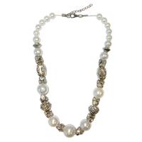 Zilveren/Witte Korte Ketting met Parels en Strass - thumbnail