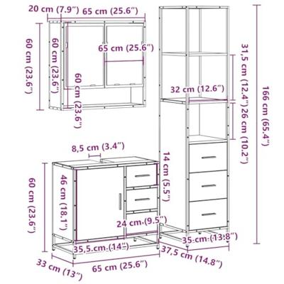 3-delige Badkamermeubelset bewerkt hout gerookt eikenkleurig